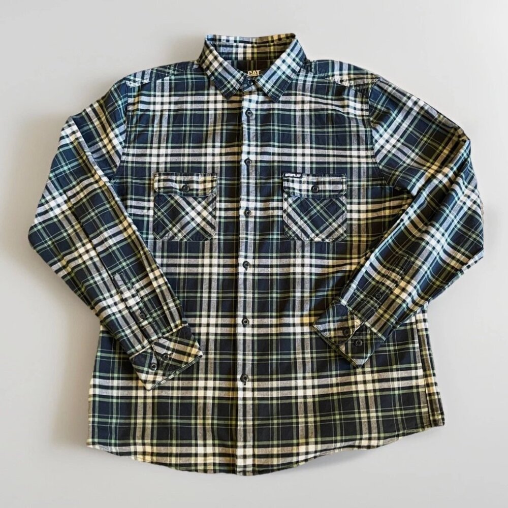 CAT Caterpillar Shirt Long Sleeve Plaid Button Down Workwear Blue Green Size XL